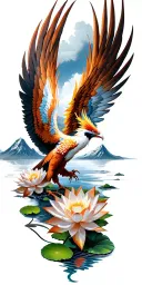 phoenix rising with wings spread with a mountain and river background and lotus flowers on the river bed tattoo design idea