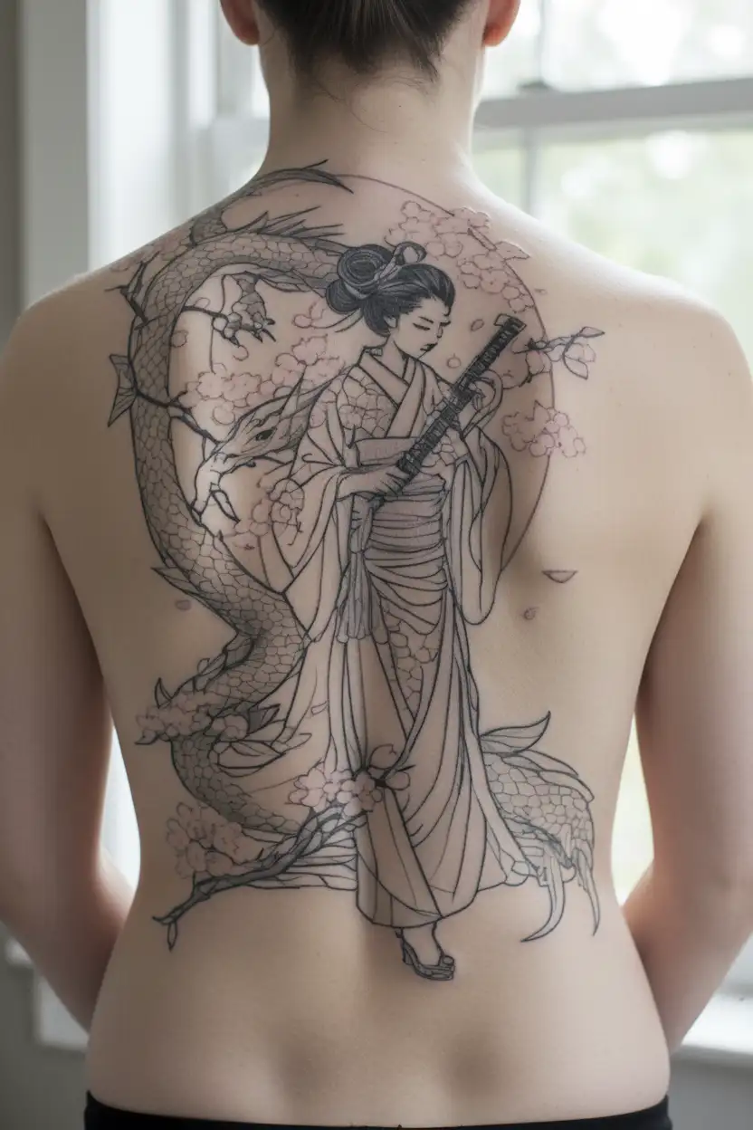 A geisha holding a katana with a dragon coiled around her, surrounded by falling pink sakura petals tattoo design idea