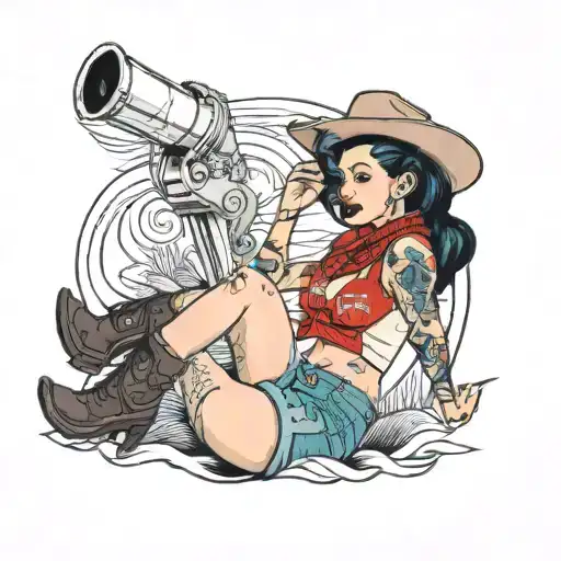 pinup girl with red bandana in black hair with jean shorts, cowboy boots and smoking a cigarette tattoo design idea