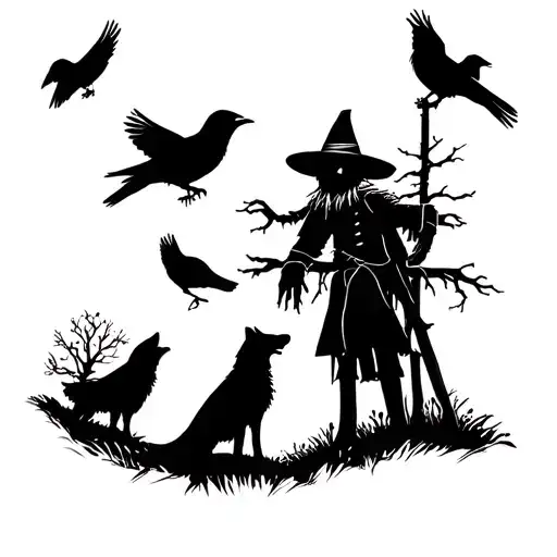 wolves howling at moon with scarecrow and ravens perching tattoo design idea