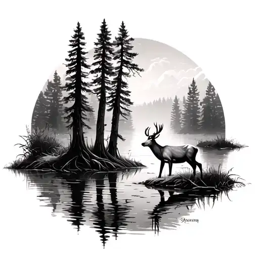 realistic cypress tree swamp with deer standing tattoo design idea