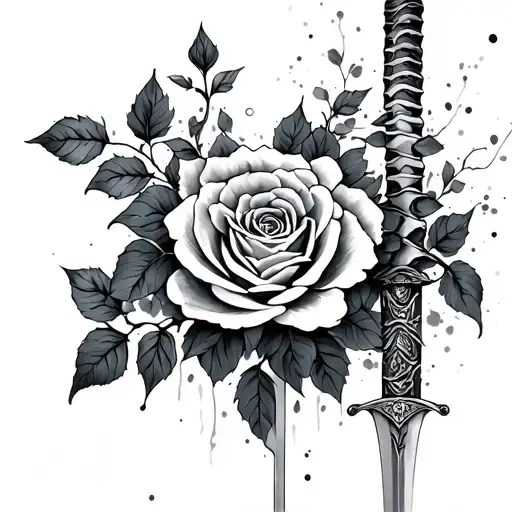 Spine tattoo on the back. Water color roses along a vine that is wrapped around a sword. Japanese style with splotches tattoo design idea
