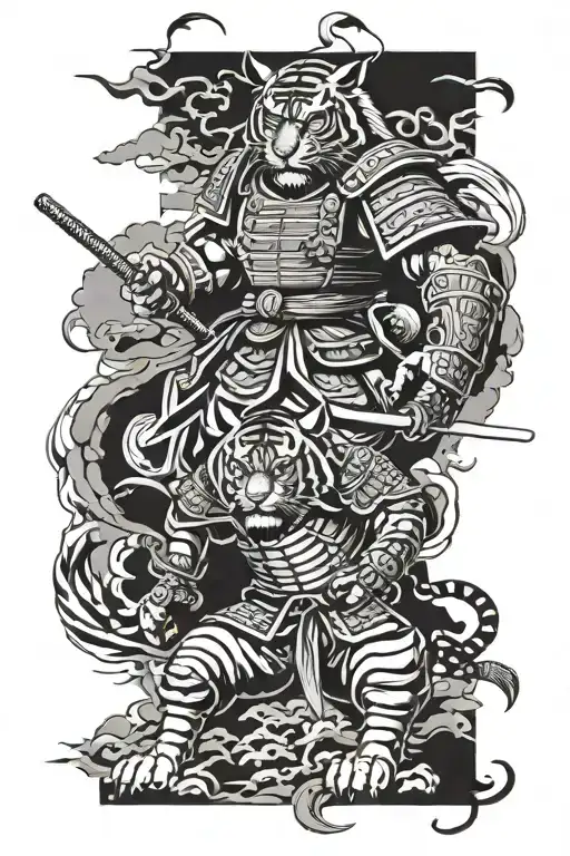 samurai warrior and Japanese tiger for leg  tattoo design idea