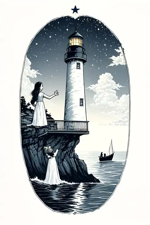 A lighthouse perched on a cliff with light shining upward into a starry sky, connecting heaven and earth. On the balcony/deck of the lighthouse, a little girl stands barefoot in a nightgown, holding a worn teddy bear in one hand and reaching toward the stars with the other. Jeanette engraved into the base or railing. a small star cluster forming the letter “I” in stars. calm sea below the cliff reflects the lighthouse beam and the sky. boat in the distance with a guy on it. Use whispery cloud shading, soft light gradients, and gentle wave textures to make it feel dreamlike and serene.  tattoo design idea