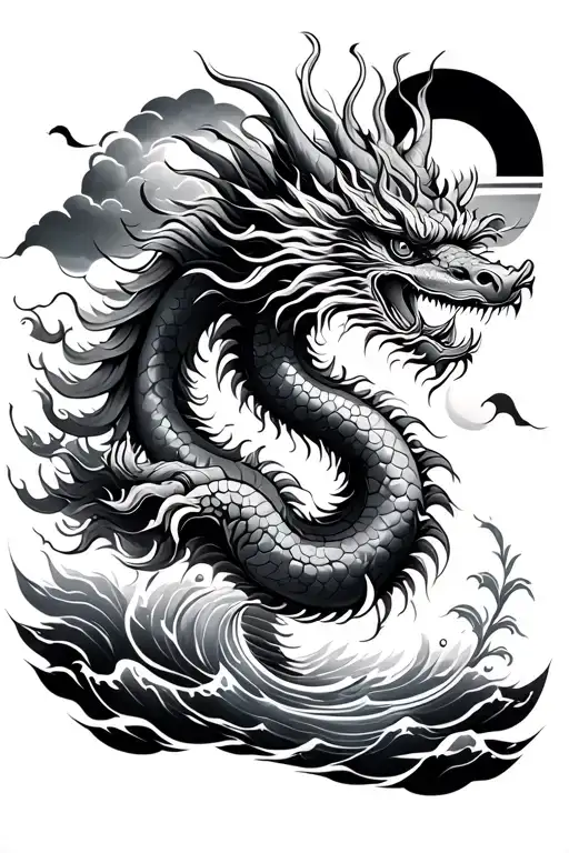chinese dragon and clouds and sun and water tattoo design idea