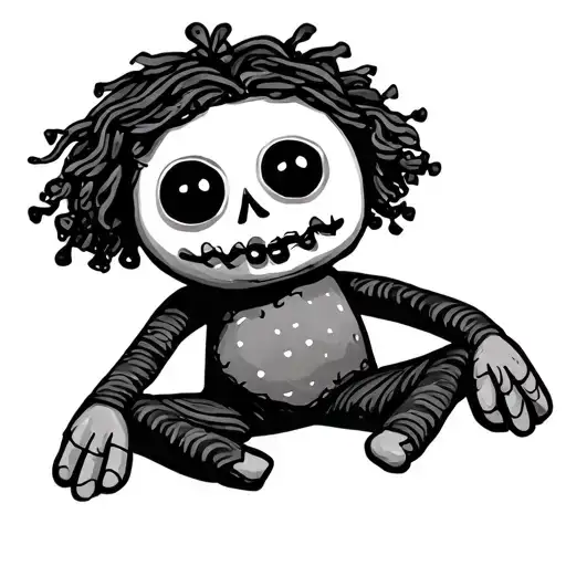 Voodoo doll with big black eyes and a wide smile tattoo design idea