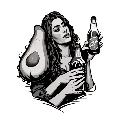 a drunk avocate with a bottle beer in one hand and a woman in the other hand tattoo design idea