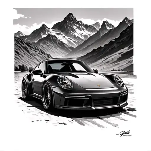 mountains and a Porsche 911 tattoo design idea