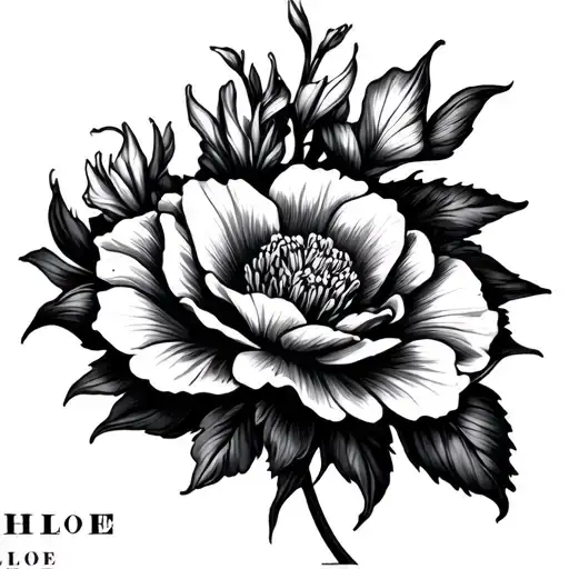 The name Chloe thinly intertwined with jonquil carnation Gladiolus tattoo design idea