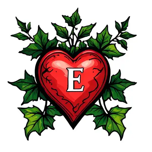 heart with ivy leaves and an E in the middle tattoo design idea