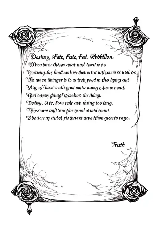 a black scroll of destiny, fate , and rebellion. A mysterious poem about those things is written upon it revealing truth tattoo design idea