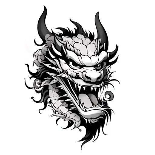 japanese full upper arm sleeve featuring a oni mask, a dragon and similar things tattoo design idea
