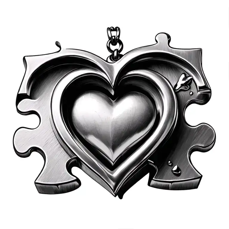 the end of a puzzle piece with half of a heart shaped locket inside, 3D, look like its sunk in the skin tattoo design idea