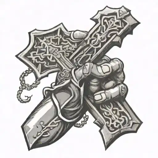 Armoured hand holding a cross tattoo design idea