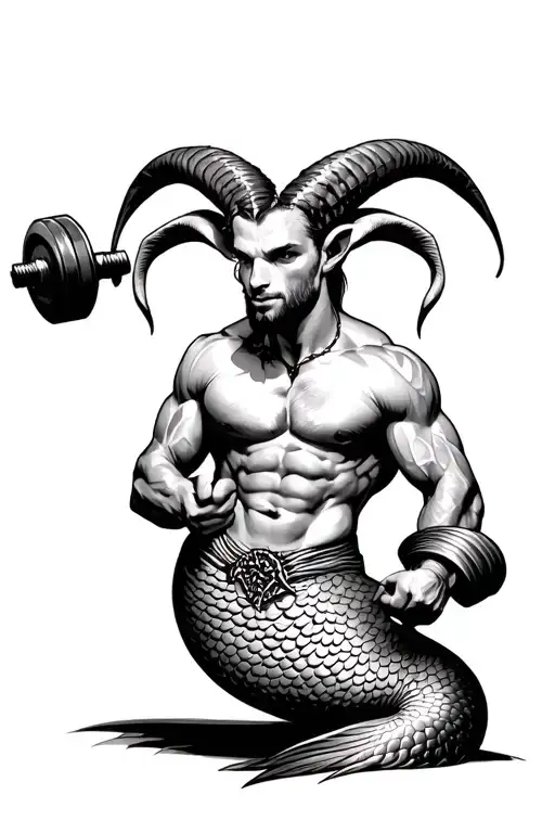 man with mermaid tail and goat horns holding dumbbell tattoo design idea
