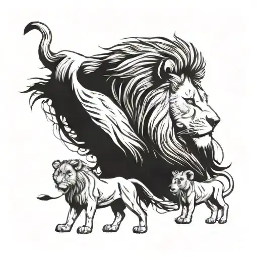 a lion family with an adult male lion, one adult female lion and two little lions. tattoo design idea