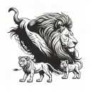 a lion family with an adult male lion, one adult female lion and two little lions. tattoo design idea