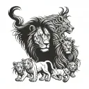 a lion family with an adult male lion, one adult female lion and two little lions. tattoo design idea
