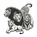 a lion family with an adult male lion, one adult female lion and two little lions. tattoo design idea