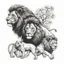 a lion family with an adult male lion, one adult female lion and two little lions. tattoo design idea