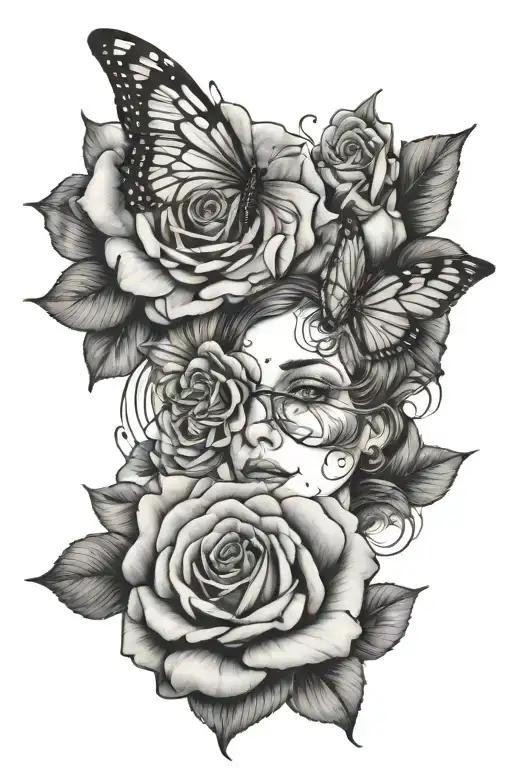 apstrakt face rose buterflay tattoo design idea