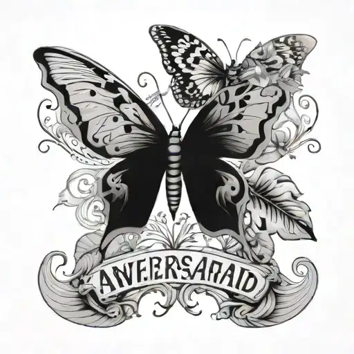 “Black and gray tattoo of a moth or butterfly with Monstera leaves and vines, featuring the quote ‘awake & unafraid’ in  tattoo design idea