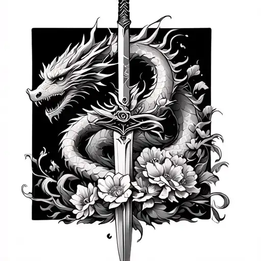 dragon on sword intertwined with flowers growing, back piece  tattoo design idea