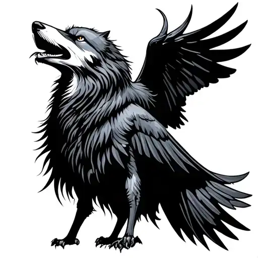howling wolf head swooping raven standing tattoo design idea