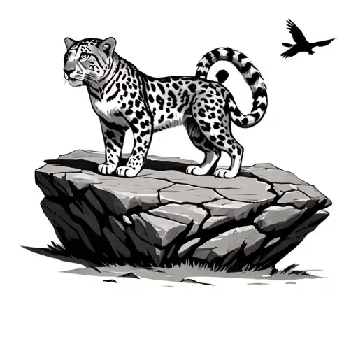 Snow Leopard with 4 tails Standing on a cracking stone. Feet blending into the stone. Oriole bird flying above.  tattoo design idea