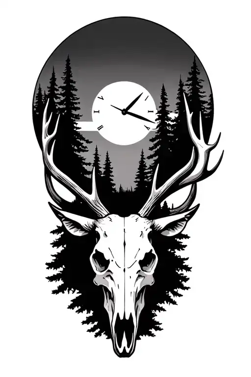 elk skull, pine trees, sunset, clock tattoo design idea