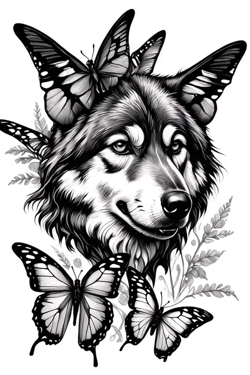 memorial for grandma butterflies and wolf head tattoo design idea