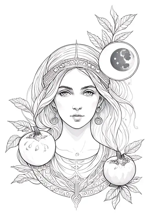 mother maiden crone,pomegranate,moon phases incorporated tattoo design idea