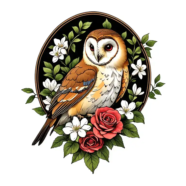 Barn Owl with Roses and White Jasmine Flowers around it with a Robin Bird  tattoo design idea