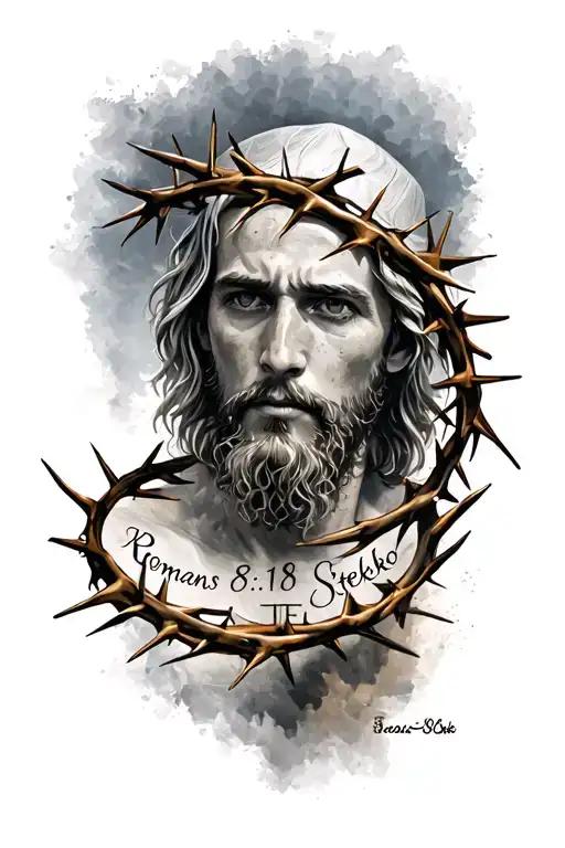 "Romans 8:18, Steko " outdoors and faith based half sleeve capped of with a crown of thorns tattoo design idea