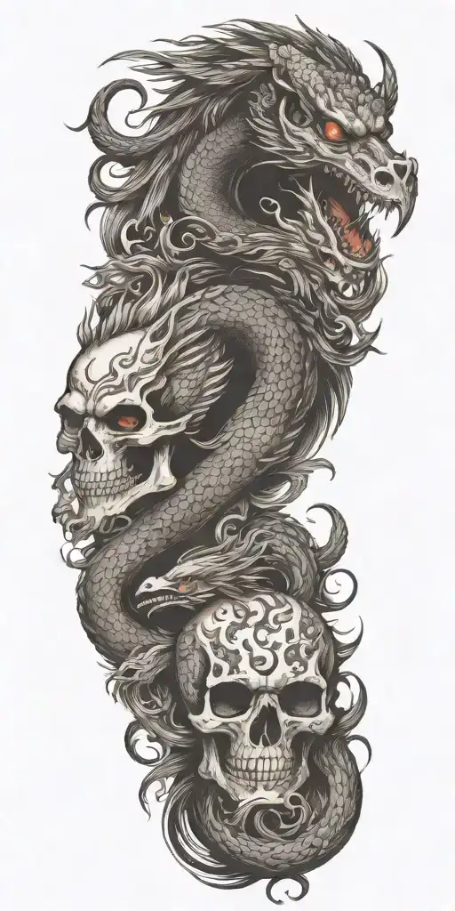 Chinese dragon and phoenix and skull and moon and raven tattoo design idea