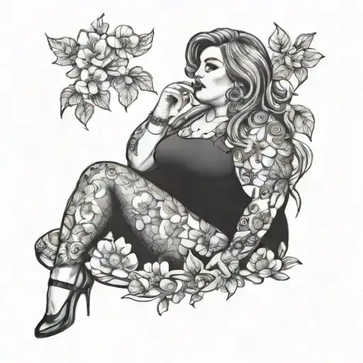  glamorous chubby melinated lady. like a vibrant imaginative digital artwork depicting a woman in a field of flowers, su tattoo design idea
