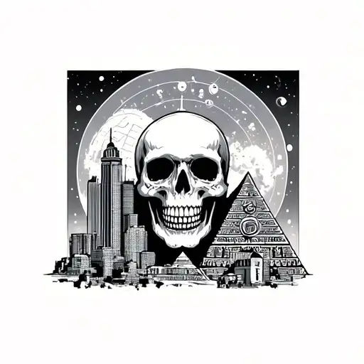 skulls, Chicago skyline , Aztec, pyramid, solar system, tattoo design idea