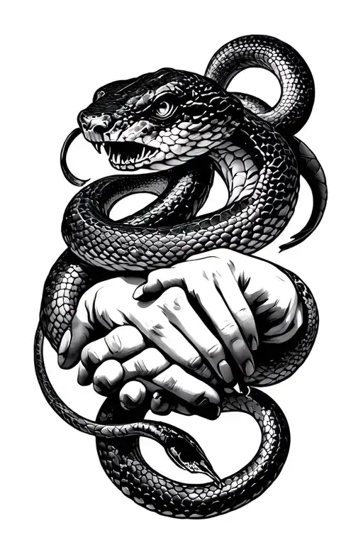trust no one female hand with snake shaking hands tattoo design idea
