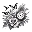 Create image of a full sleeve arm tattoo with butterflies, roses, lilies, hummingbird and a pocket watch in grey shade tattoo design idea