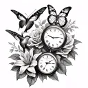 Create image of a full sleeve arm tattoo with butterflies, roses, lilies, hummingbird and a pocket watch in grey shade tattoo design idea