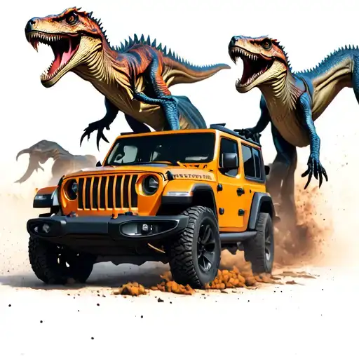 2 velociraptors attacking a beat up jeep wrangler tattoo design idea