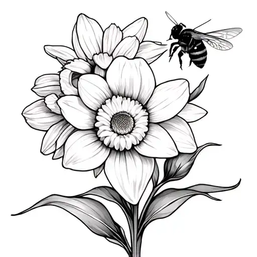 Line drawing of daffodil,chrysanthemum, carpenter bee tattoo design idea