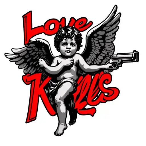 cupid baby with wings in the air holding a gun and the word in big text "Love Kills" in red and black tattoo design idea