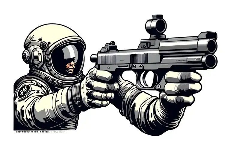 one spaceman shooting at another with a p226 style handgun with a sniper scope mounted on top tattoo design idea
