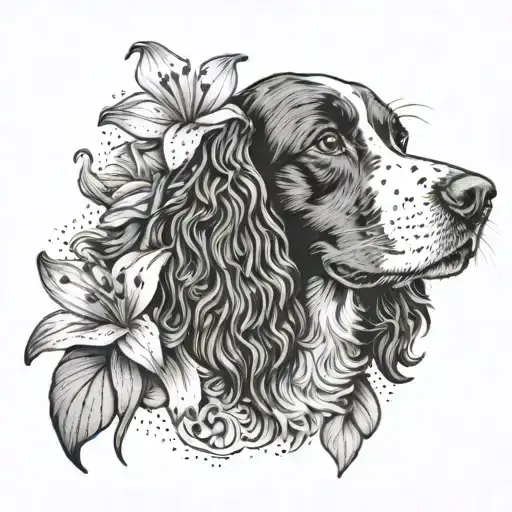 A Springer spaniel playing with a Lily flower, representing your love for your favorite dog breed and flower tattoo design idea