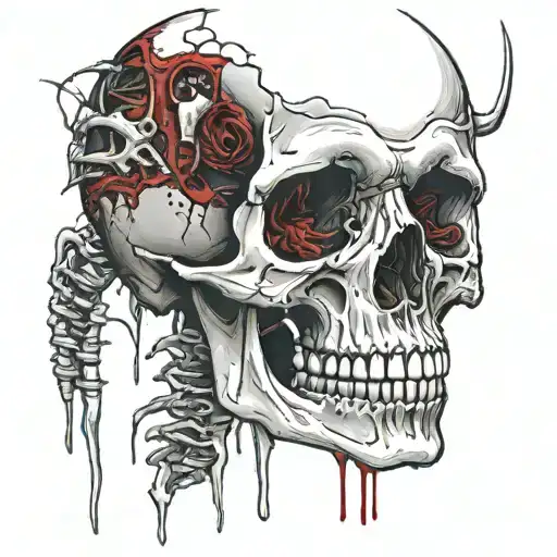 White Skull, Cracked, Bloody, missing Jawbone, missing teeth, melting, decrepit Dark red blood, Human Spine, Horror. tattoo design idea