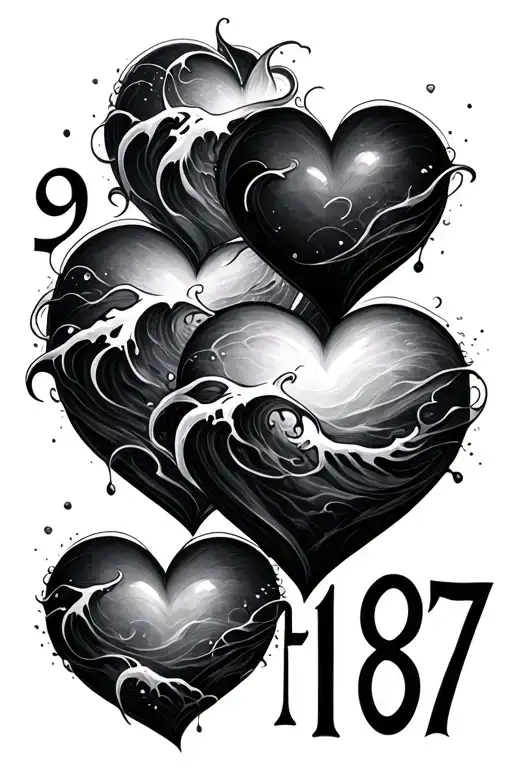 hearts with waves crashing with numbers 9-16-87 hidden tattoo design idea