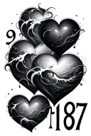 hearts with waves crashing with numbers 9-16-87 hidden tattoo design idea