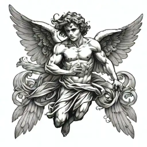 angel with his right wing tucked in and his left wing spread out male angel tattoo design idea