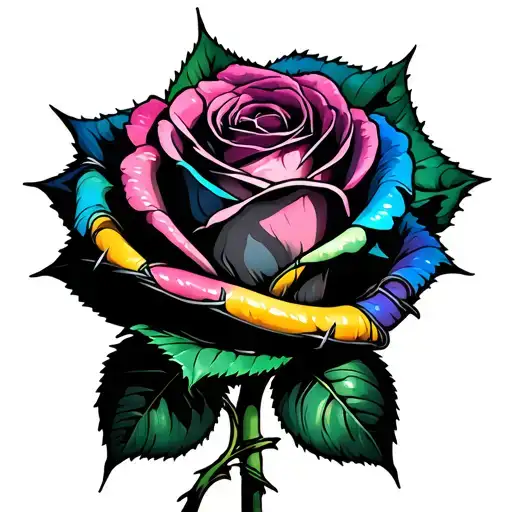 multicolored rose wrapped and barbed wire tattoo design idea